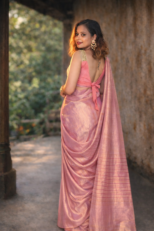 Light Pink Tissue Silk Saree draped elegantly – Rosé Ishq by RongSuta
