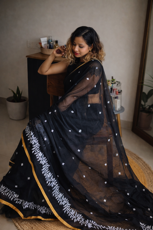 Black Jamdani Cotton Saree draped look – Inkline by RongSuta