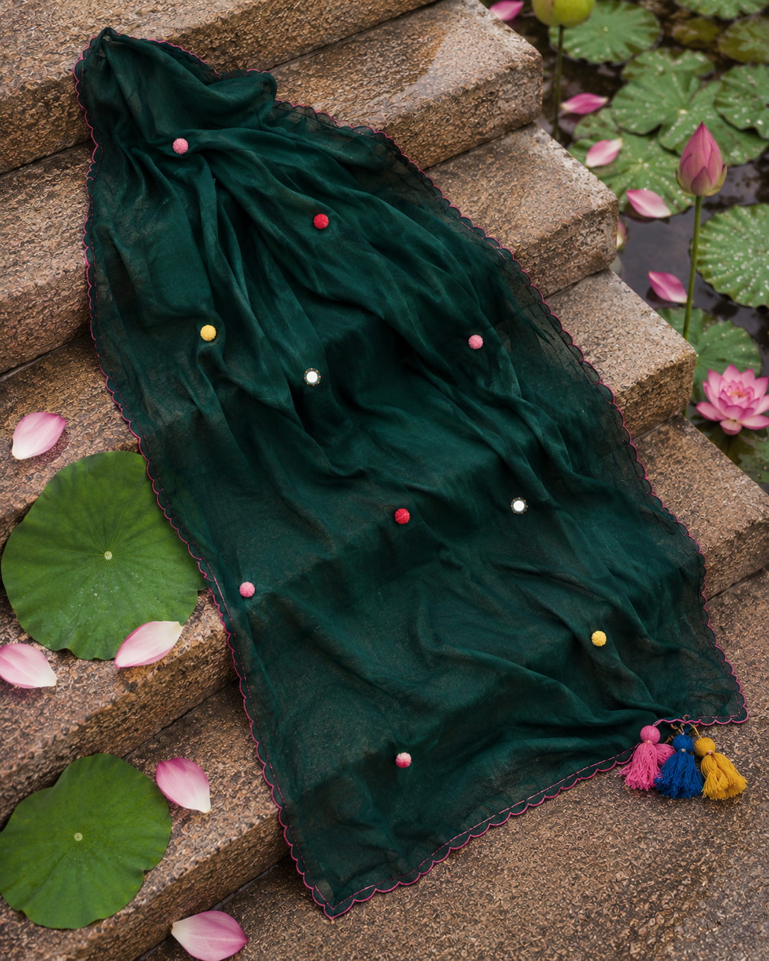 Harabhara — Bottle Green Mirror & Pompom Mul Mul Saree