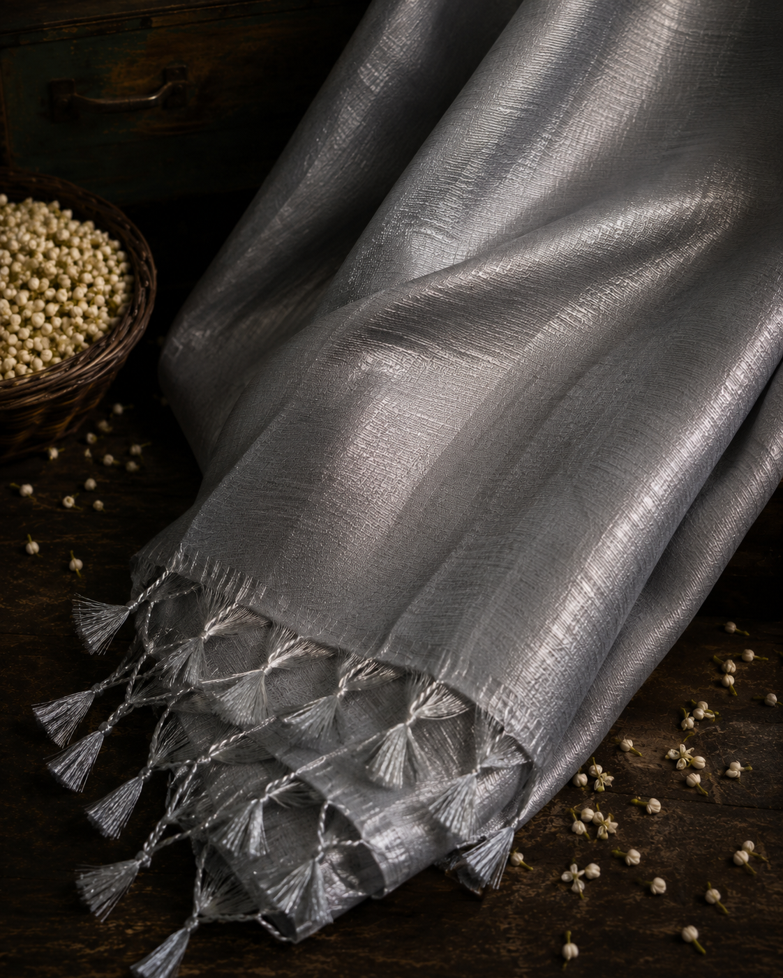 Chaand Chrome – Silver Handloom Tissue Linen Saree with Zari Pallu