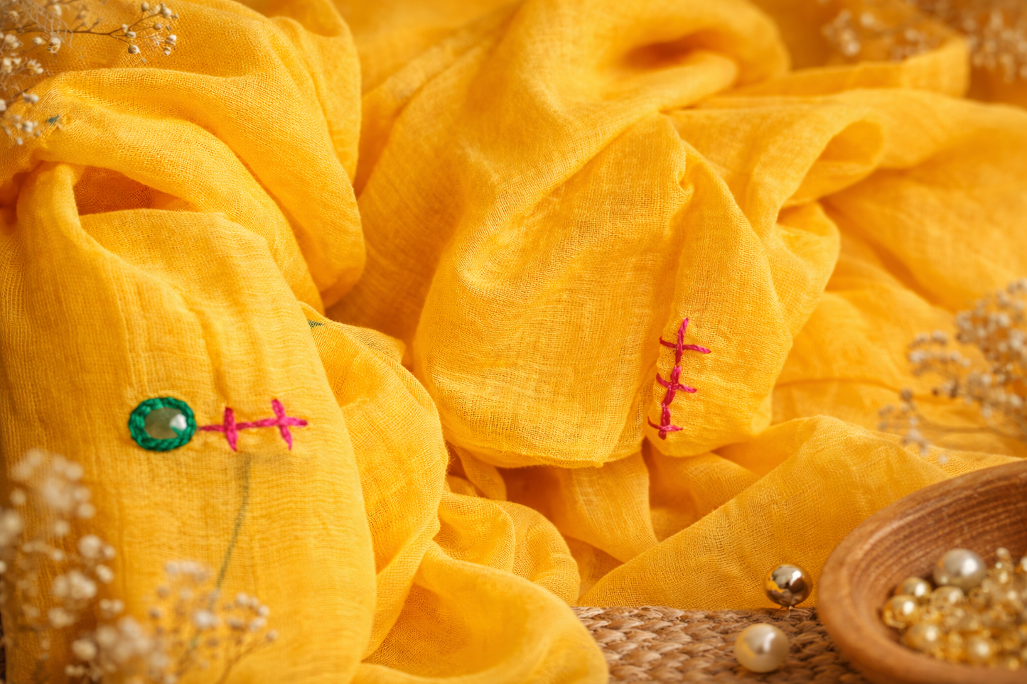 Mango Masti — Dark Yellow Mirror & Pompom Mul Mul Saree