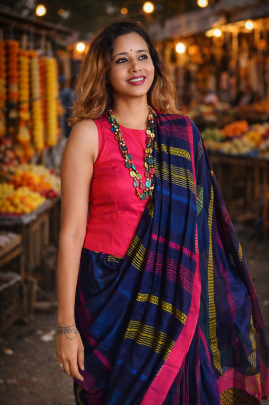 Jheel – Navy blue Bhujodi Handwoven Cotton Saree