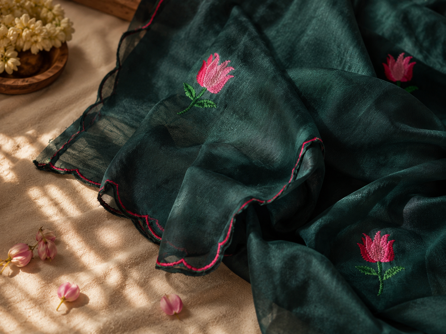 Mystic Moss— Bottle Green Mul Mul Cotton Lotus Embroidery Saree
