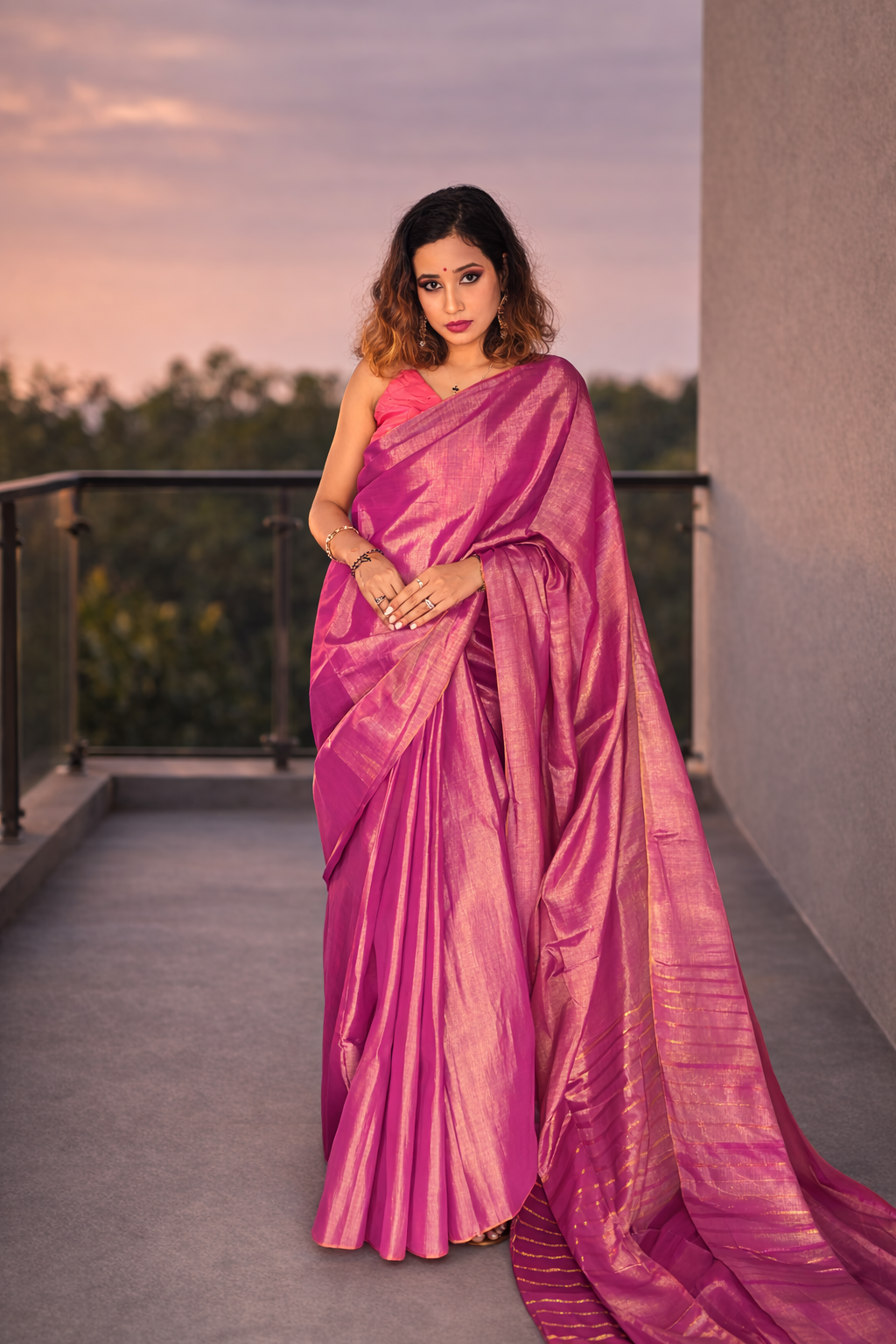 Meher Mist Tissue Silk Saree flat lay – RongSuta