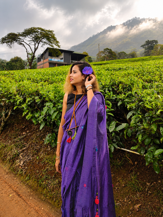 Grape Gola — Violet Purple Mirror & Pompom Mul Mul Saree