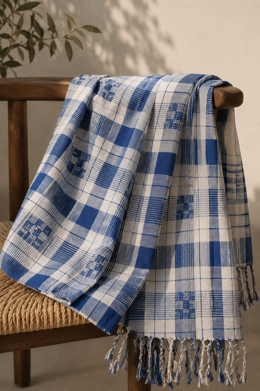 Frosted Lagoon — Indigo Blue & White Check Handwoven Cotton Saree