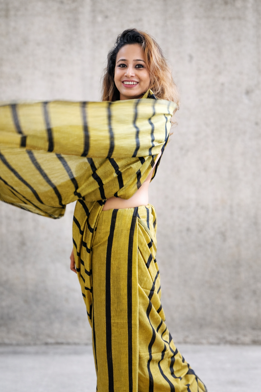 Olive — Olive Green & Black Broad Stripe Handwoven Cotton Saree