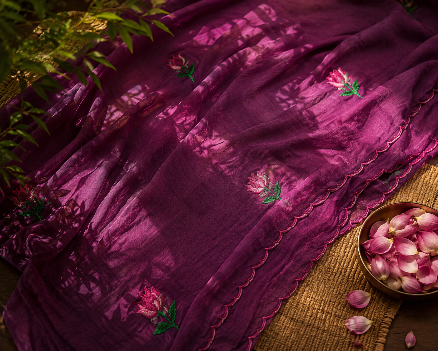 Plum Punch — Purple Lotus Embroidery Mul Mul Saree