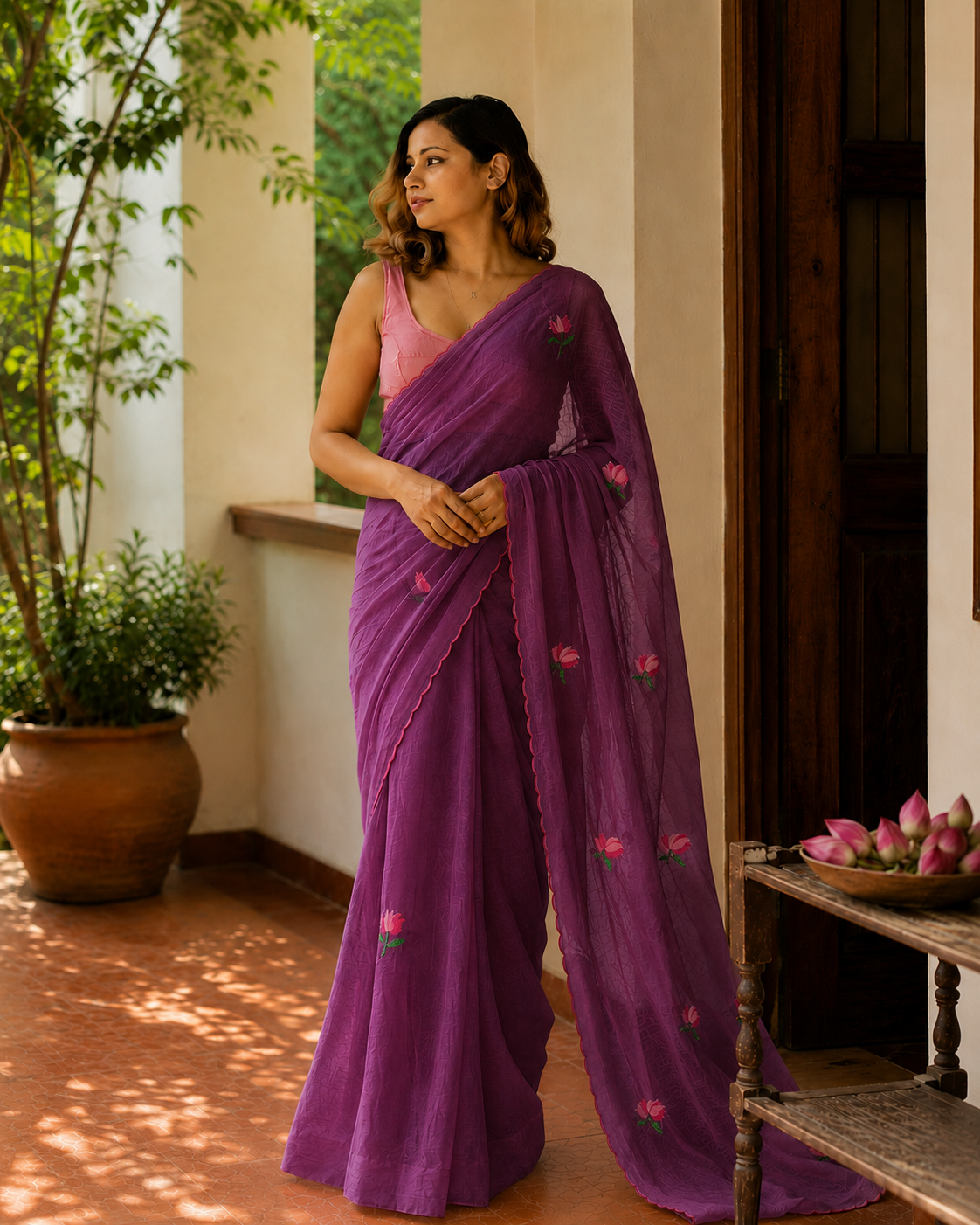 Plum Punch — Purple Lotus Embroidery Mul Mul Saree