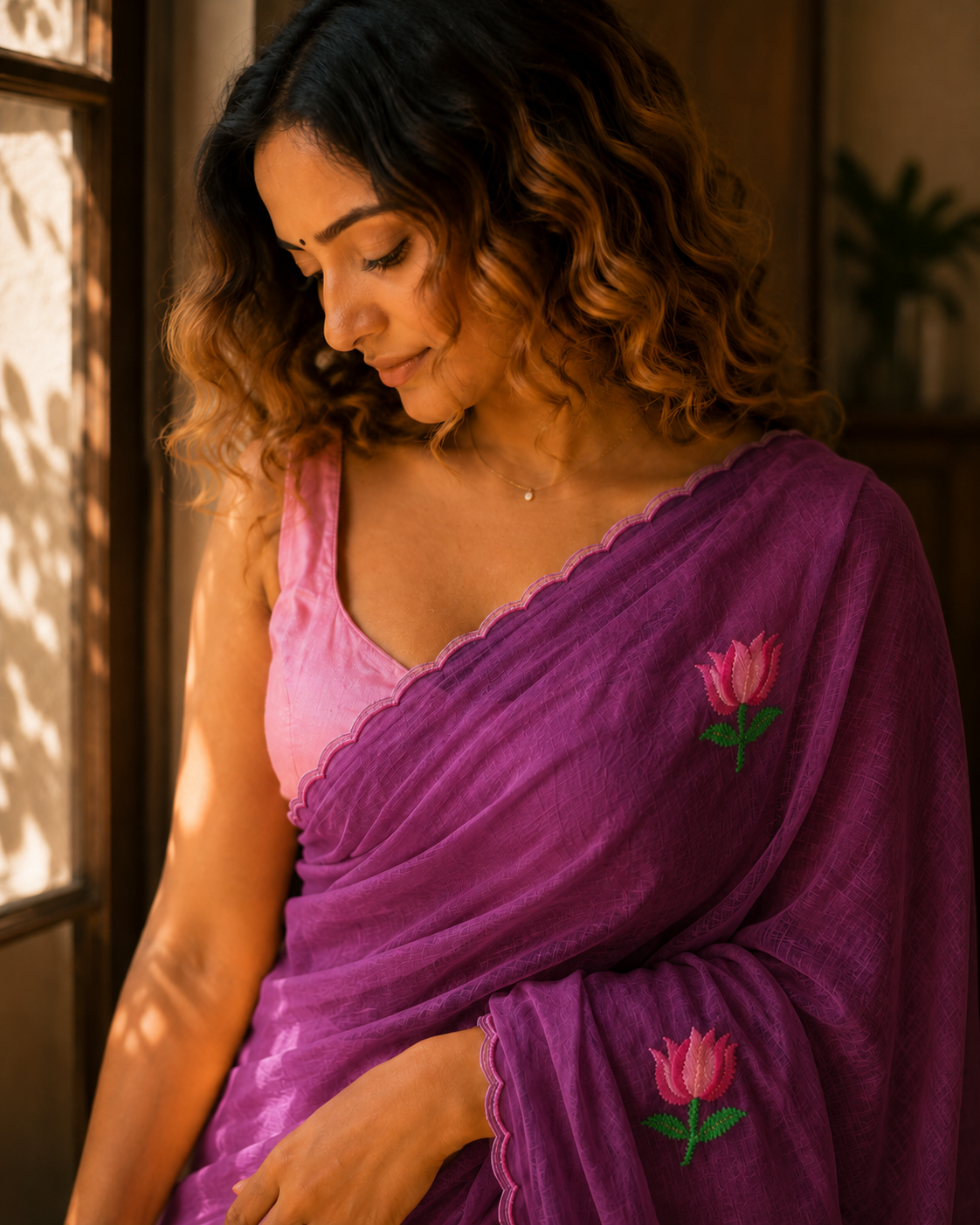 Plum Punch — Purple Lotus Embroidery Mul Mul Saree