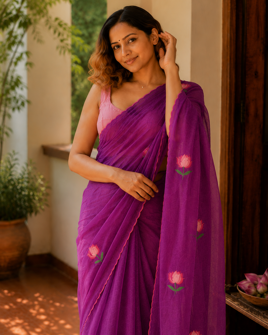 Plum Punch — Purple Lotus Embroidery Mul Mul Saree
