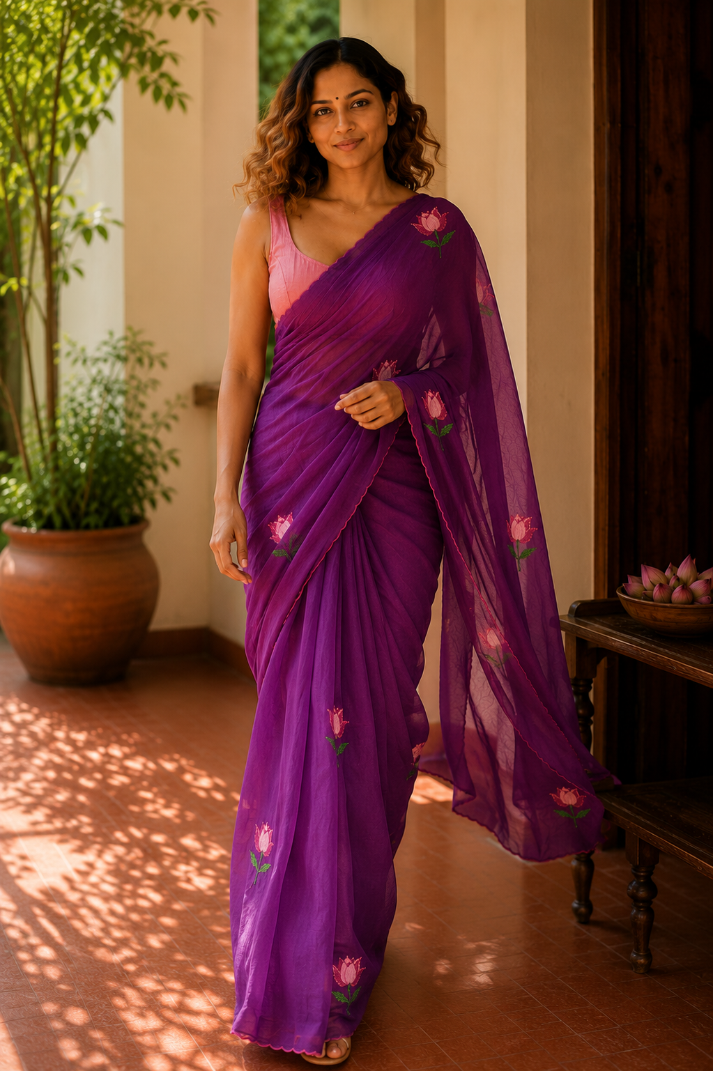 Plum Punch — Purple Lotus Embroidery Mul Mul Saree
