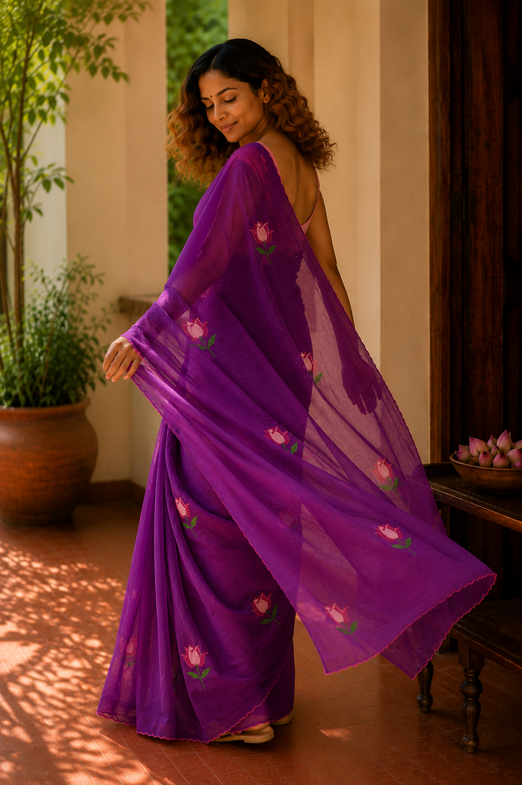Plum Punch — Purple Lotus Embroidery Mul Mul Saree