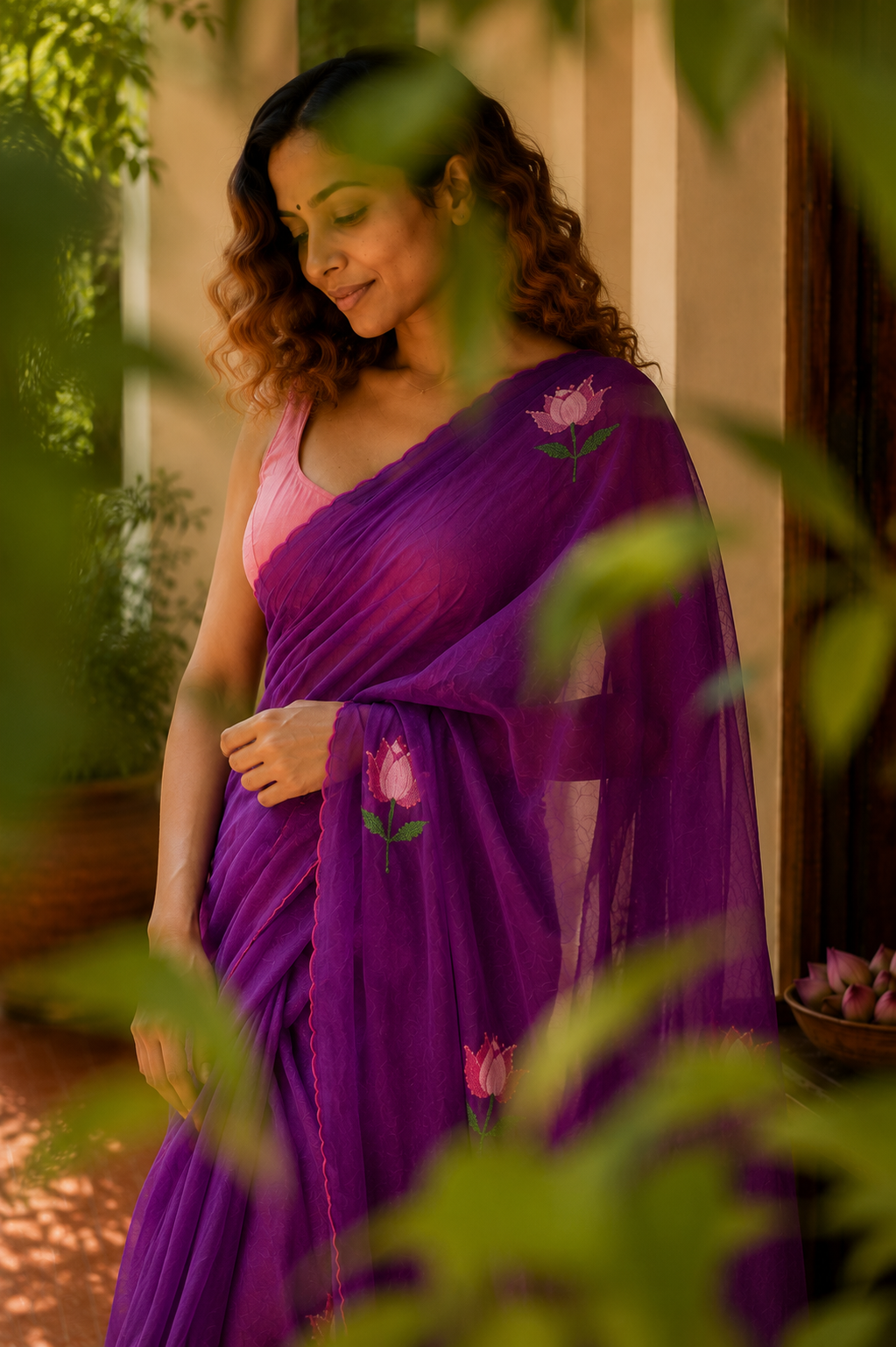 Plum Punch — Purple Lotus Embroidery Mul Mul Saree