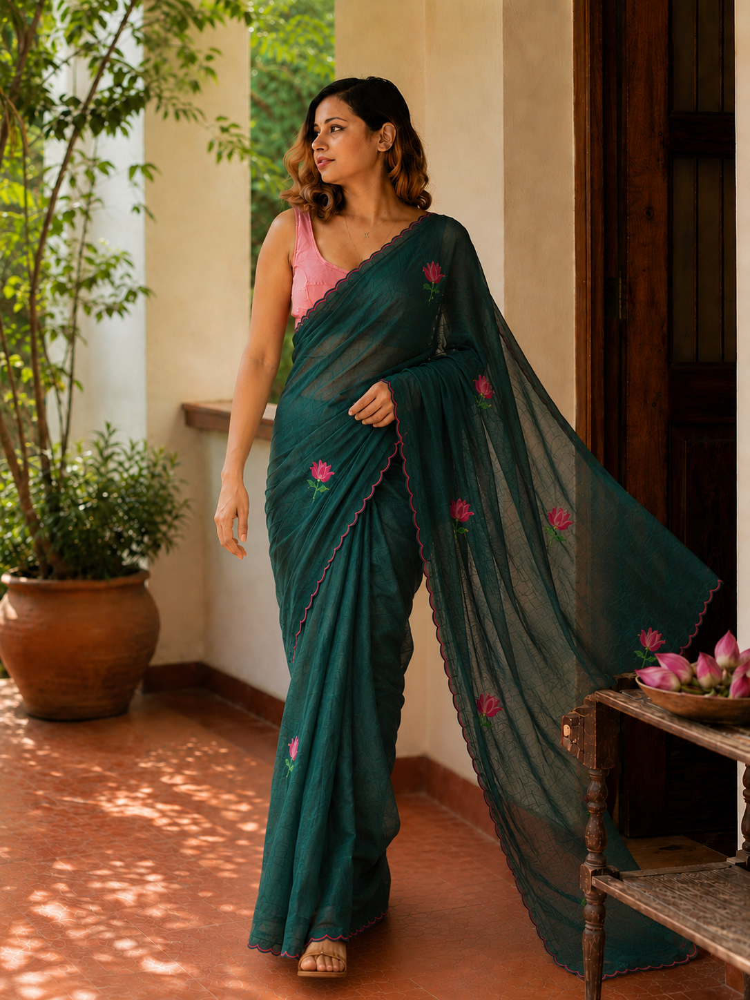 Mystic Moss— Bottle Green Mul Mul Cotton Lotus Embroidery Saree