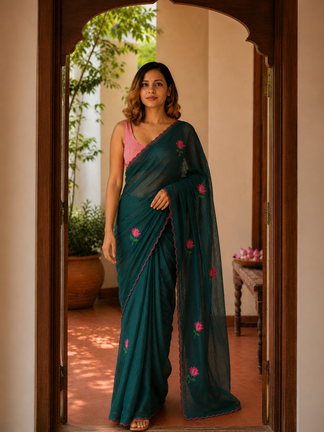 Mystic Moss— Bottle Green Mul Mul Cotton Lotus Embroidery Saree