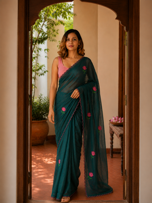 Mystic Moss— Bottle Green Mul Mul Cotton Lotus Embroidery Saree