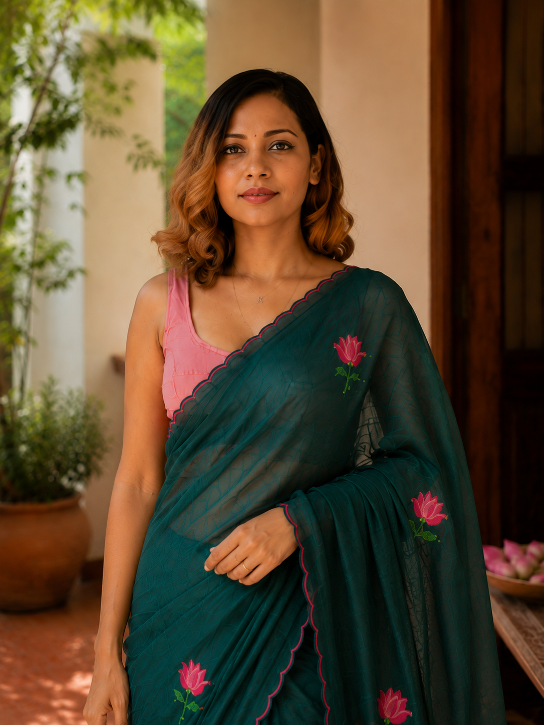 Mystic Moss— Bottle Green Mul Mul Cotton Lotus Embroidery Saree