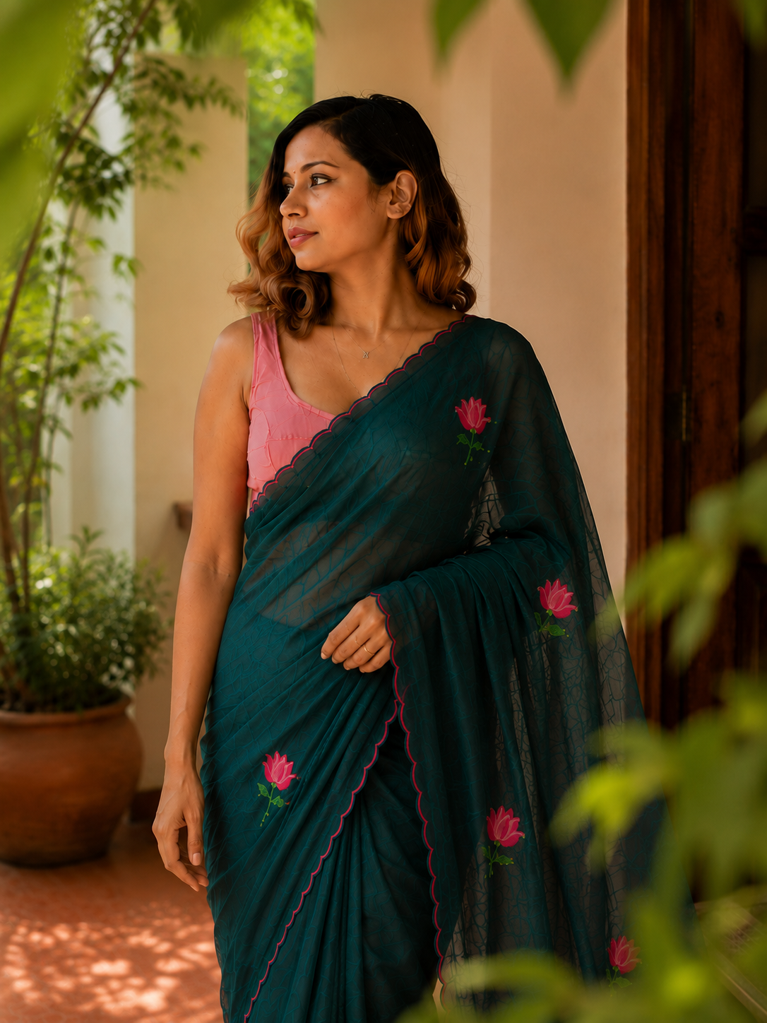 Mystic Moss— Bottle Green Mul Mul Cotton Lotus Embroidery Saree