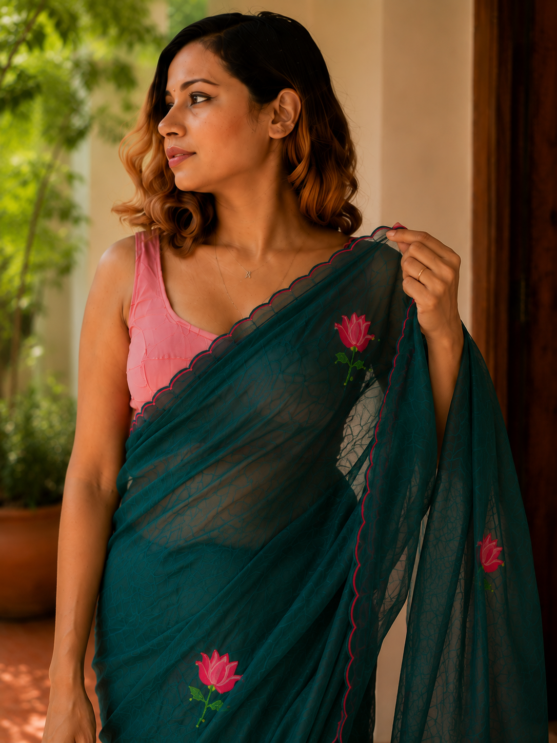Mystic Moss— Bottle Green Mul Mul Cotton Lotus Embroidery Saree