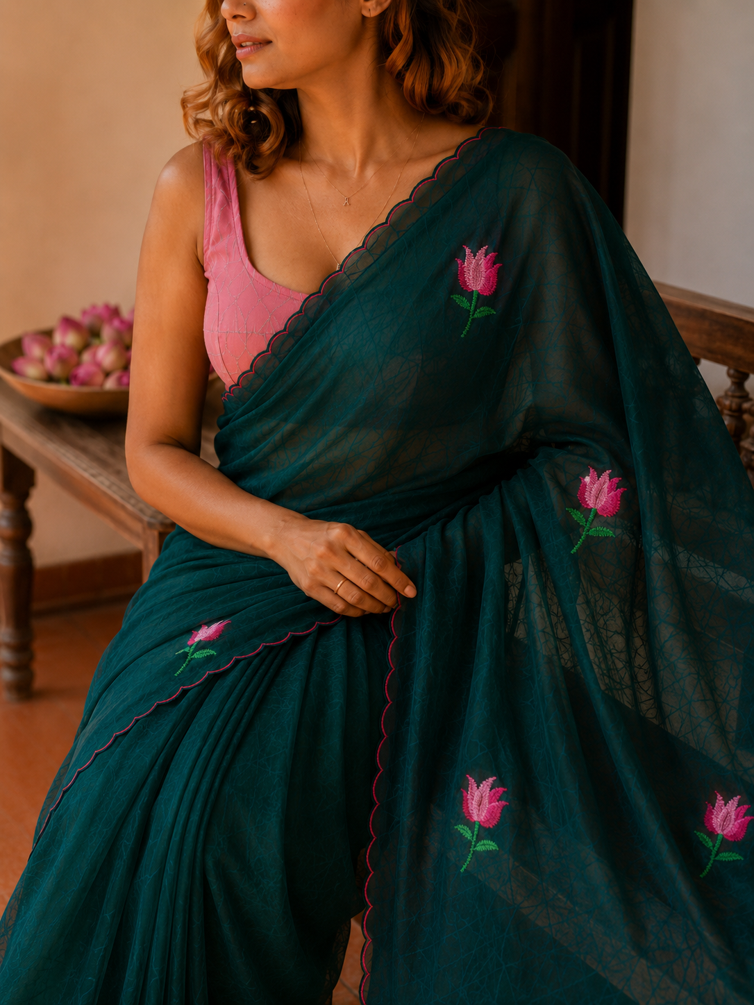 Mystic Moss— Bottle Green Mul Mul Cotton Lotus Embroidery Saree