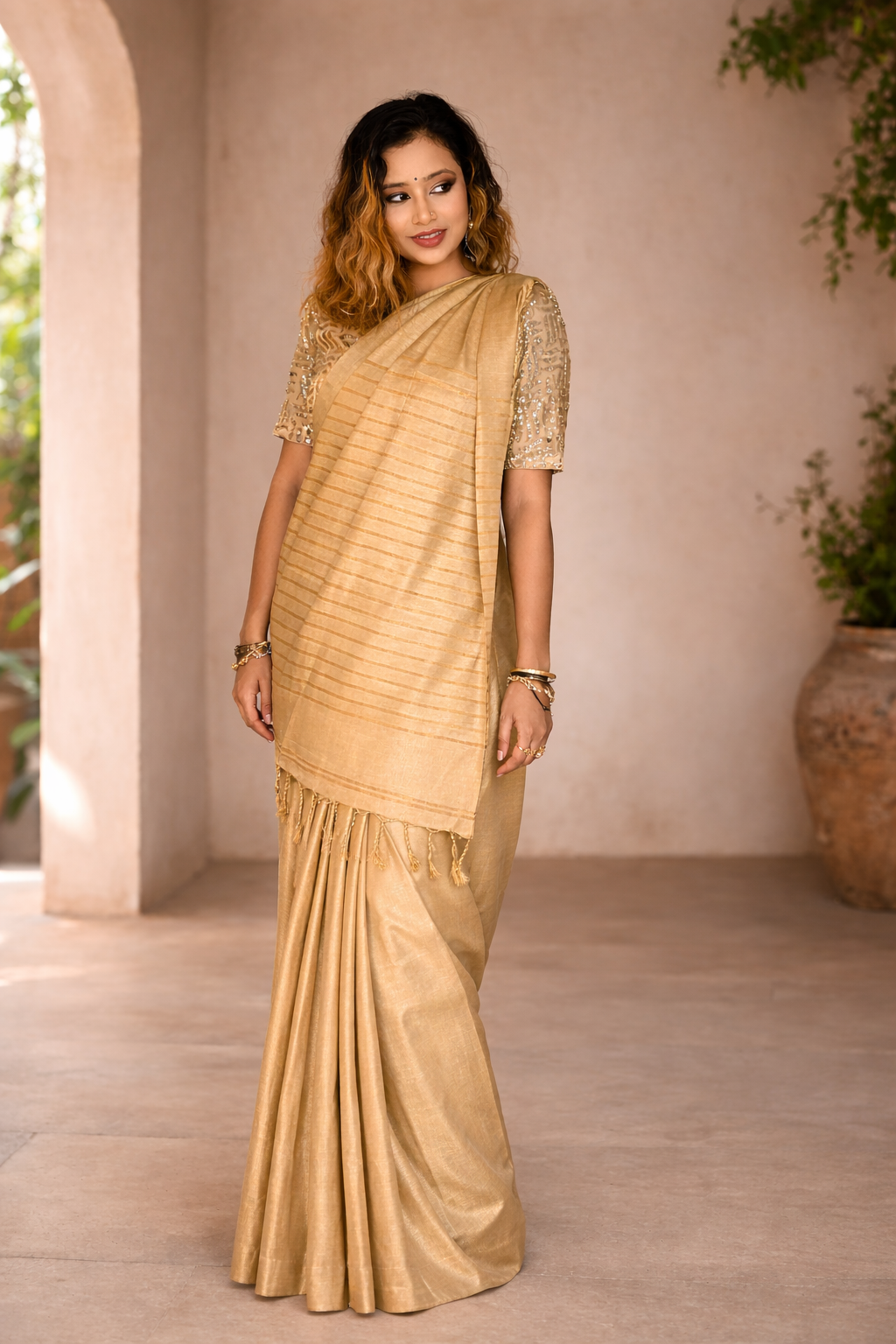 Golden Tissue Silk Saree draped look – Jalebi Glaze by RongSuta