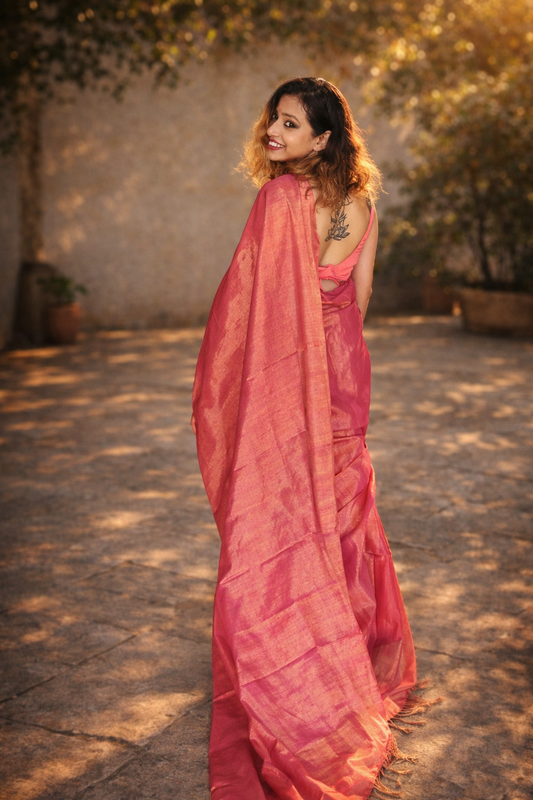 Hot Pink Tissue Silk Saree draped look – Pinky Pop by RongSuta