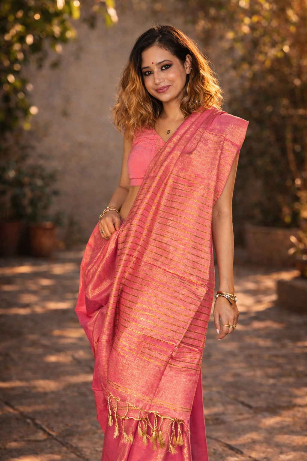 Pinky Pop – Hot Pink Handloom Tissue Silk Saree with Zari Pallu by RongSuta