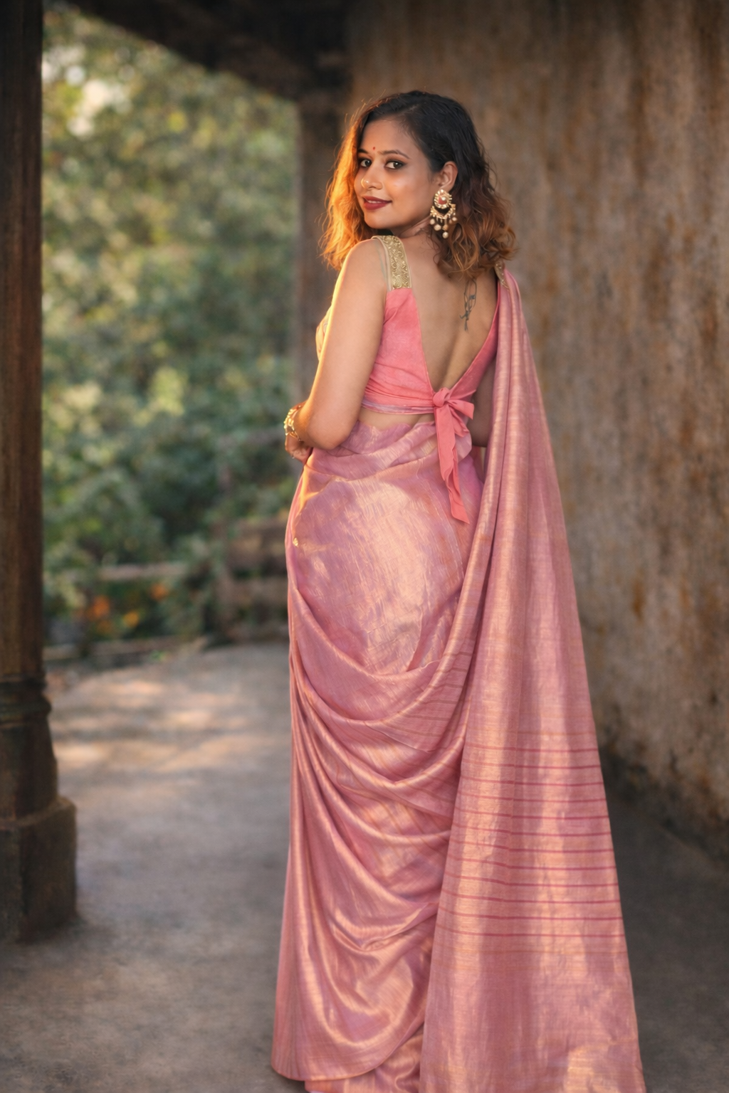 Light Pink Tissue Silk Saree draped elegantly – Rosé Ishq by RongSuta