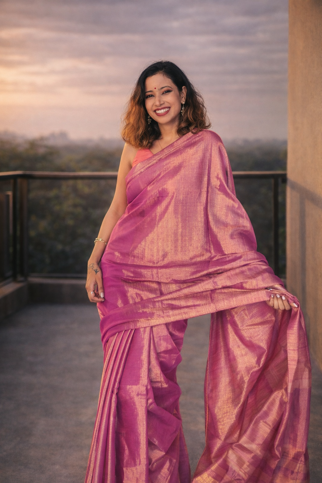 Purple Handloom Tissue Silk Saree full drape view – RongSuta