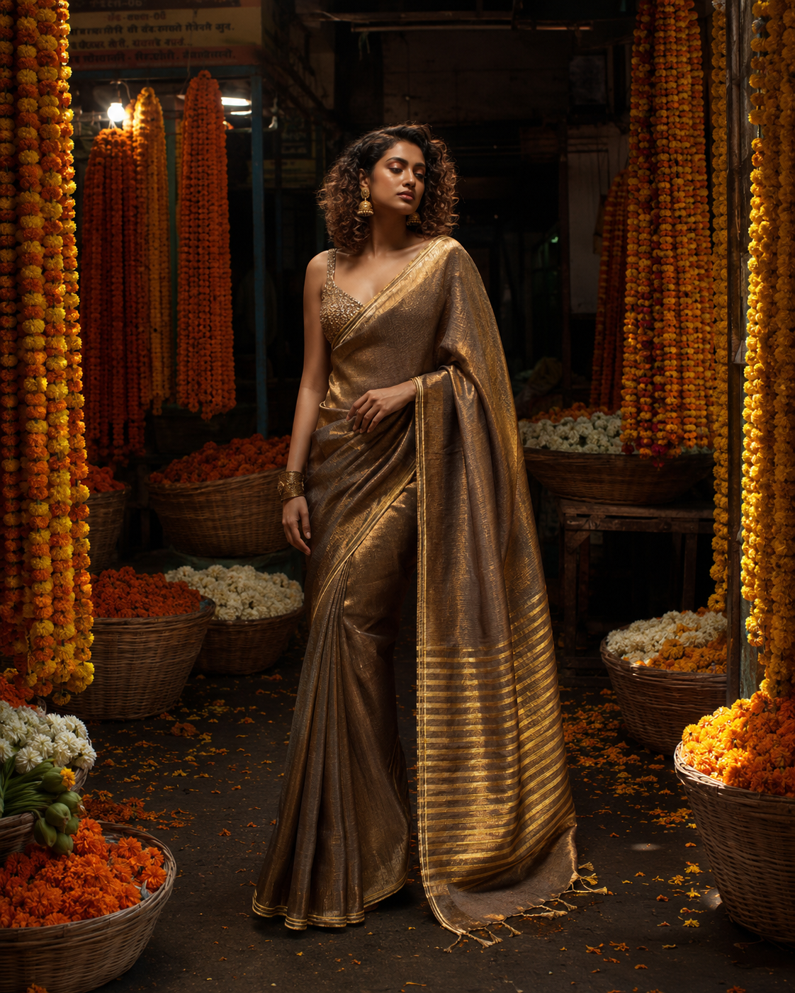 Glitter Bomb – Dual Tone Golden Silver Tissue Linen Saree