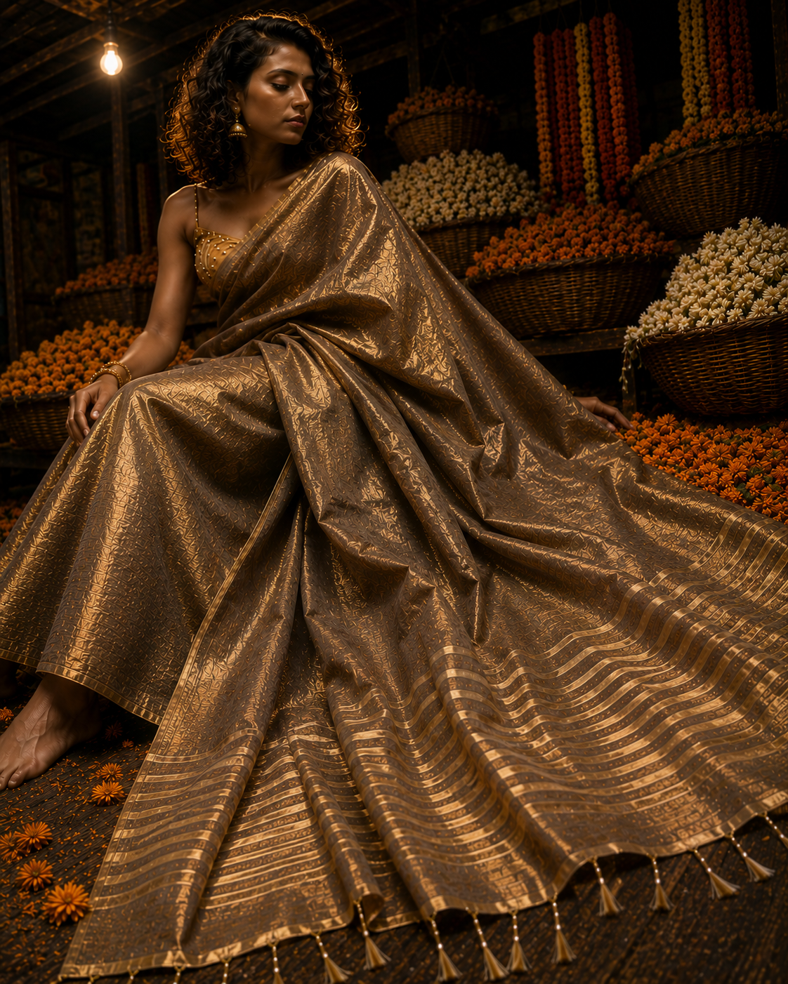 Glitter Bomb – Dual Tone Golden Silver Tissue Linen Saree
