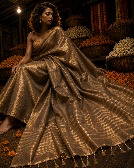 Glitter Bomb – Dual Tone Golden Silver Tissue Linen Saree