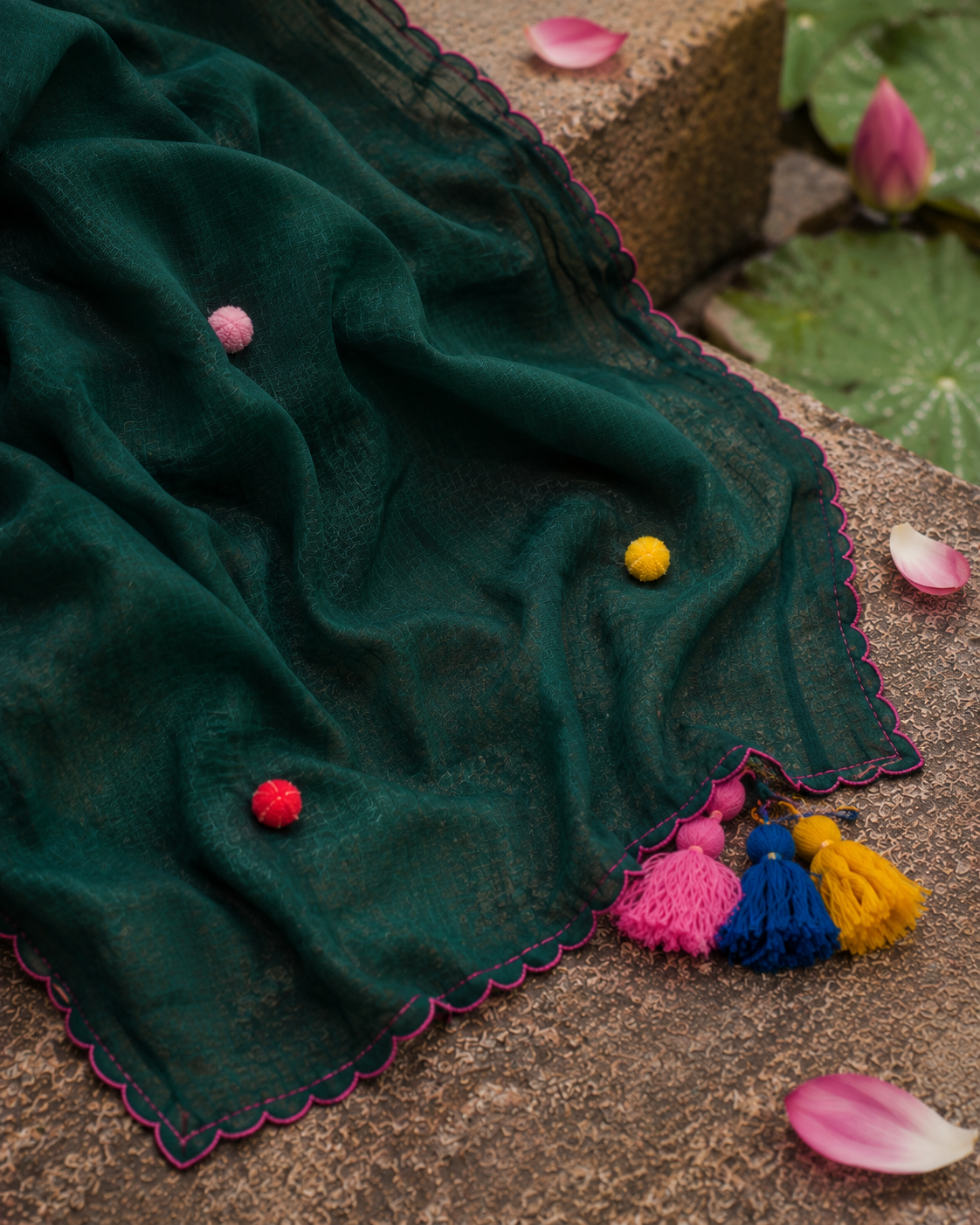 Harabhara — Bottle Green Mirror & Pompom Mul Mul Saree