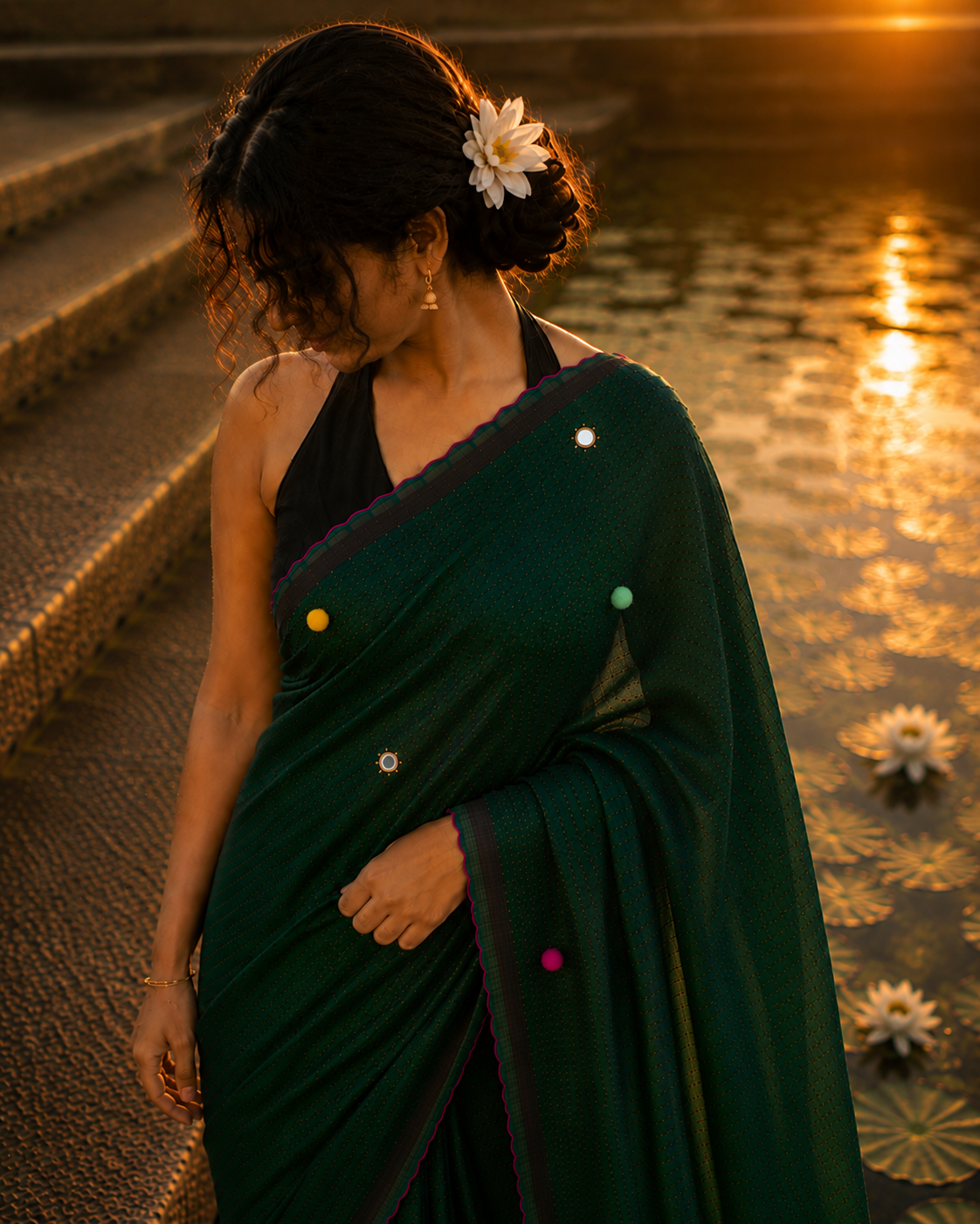 Harabhara — Bottle Green Mirror & Pompom Mul Mul Saree