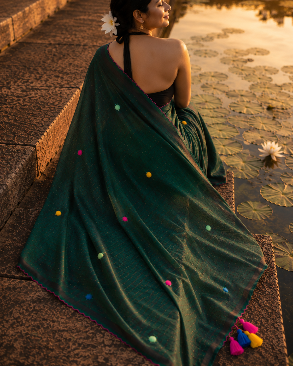 Harabhara — Bottle Green Mirror & Pompom Mul Mul Saree