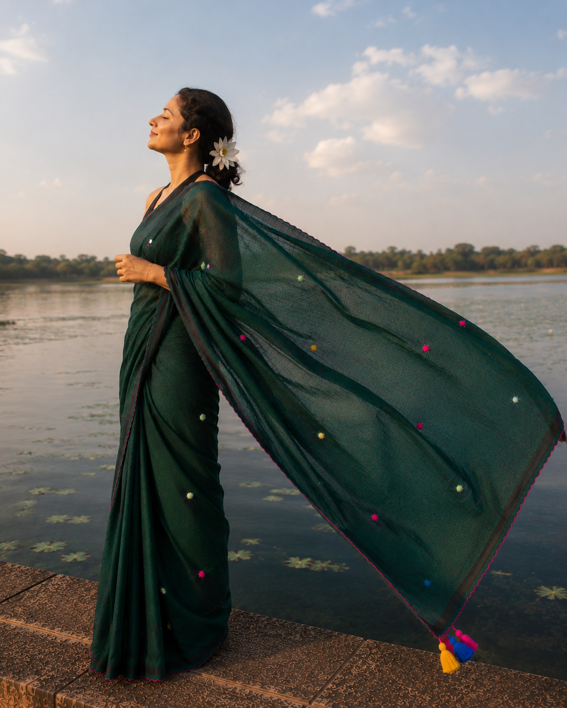 Harabhara — Bottle Green Mirror & Pompom Mul Mul Saree