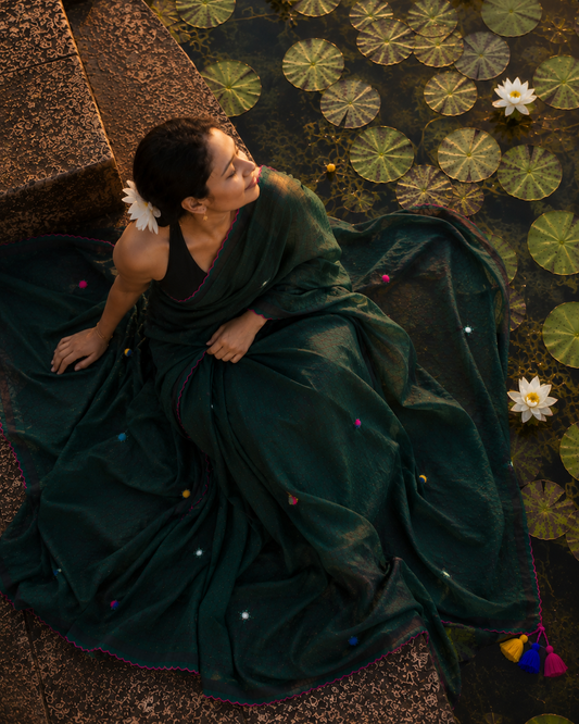 Harabhara — Bottle Green Mirror & Pompom Mul Mul Saree