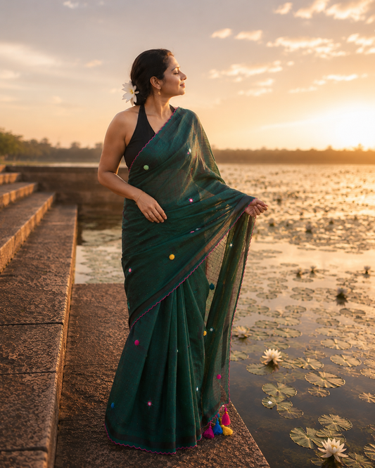 Harabhara — Bottle Green Mirror & Pompom Mul Mul Saree