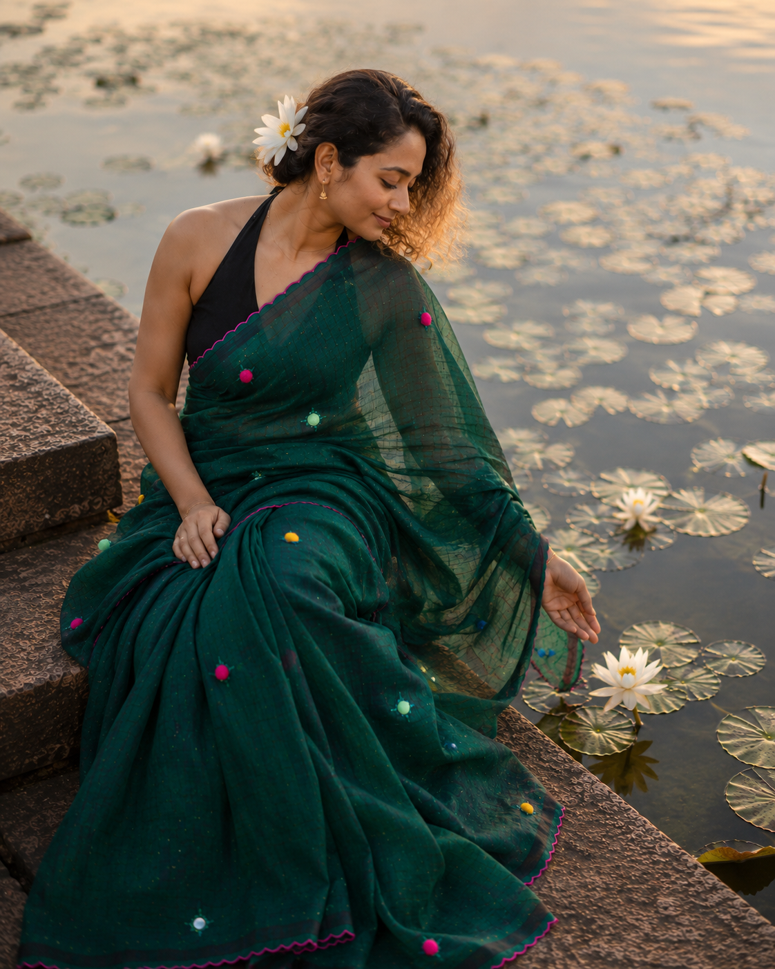 Harabhara — Bottle Green Mirror & Pompom Mul Mul Saree