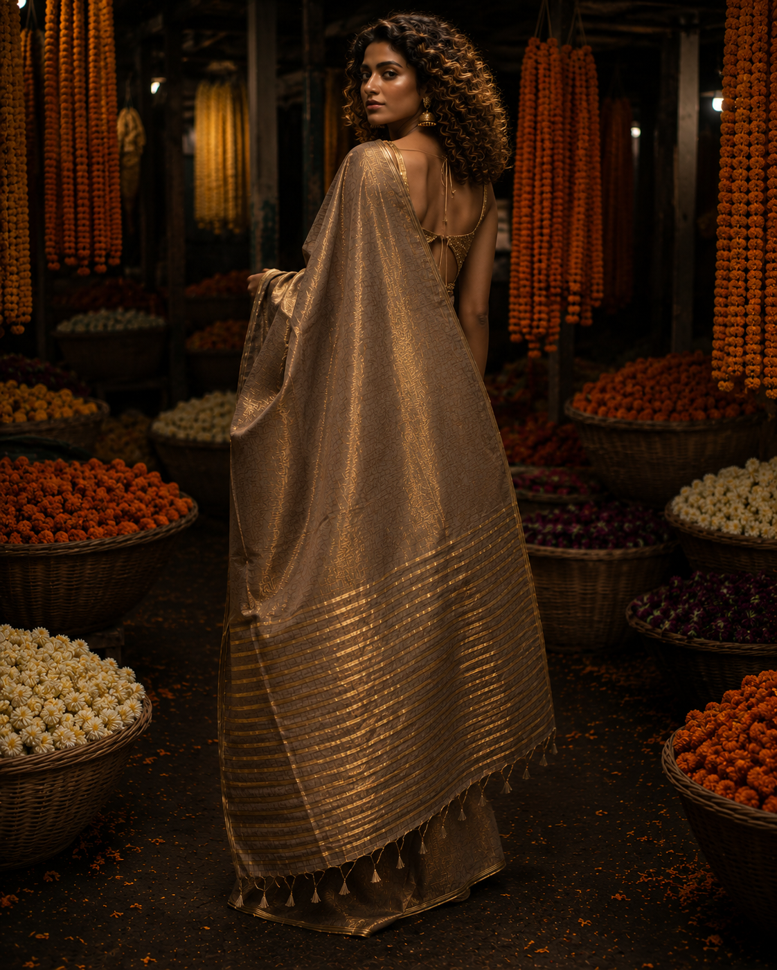 Glitter Bomb – Dual Tone Golden Silver Tissue Linen Saree