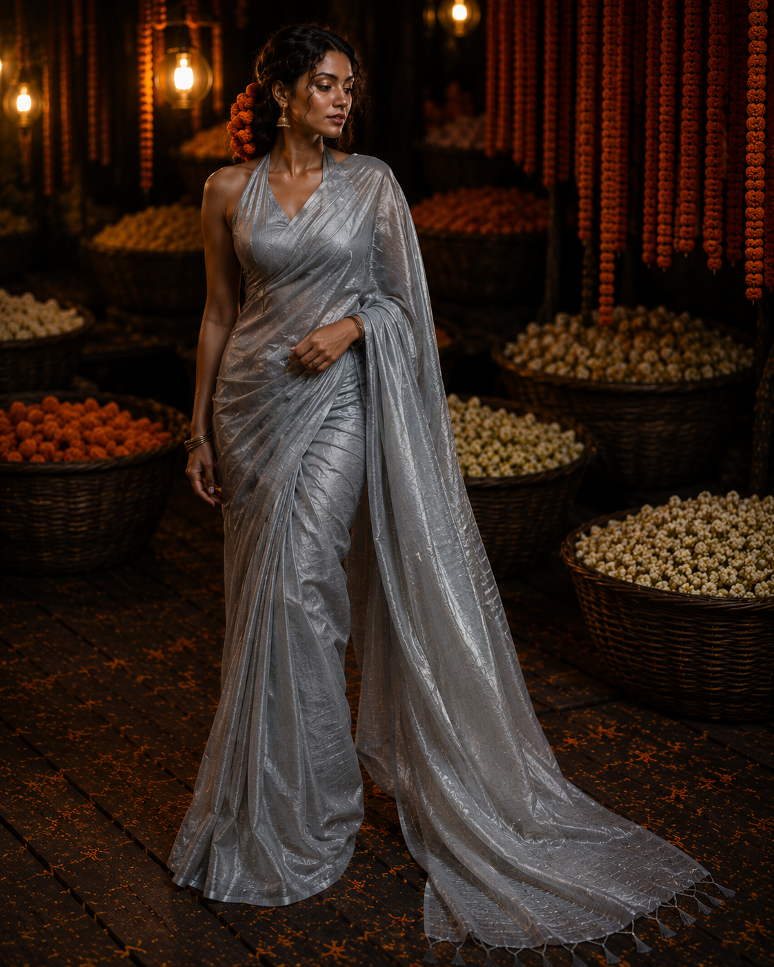 Chaand Chrome – Silver Handloom Tissue Linen Saree with Zari Pallu