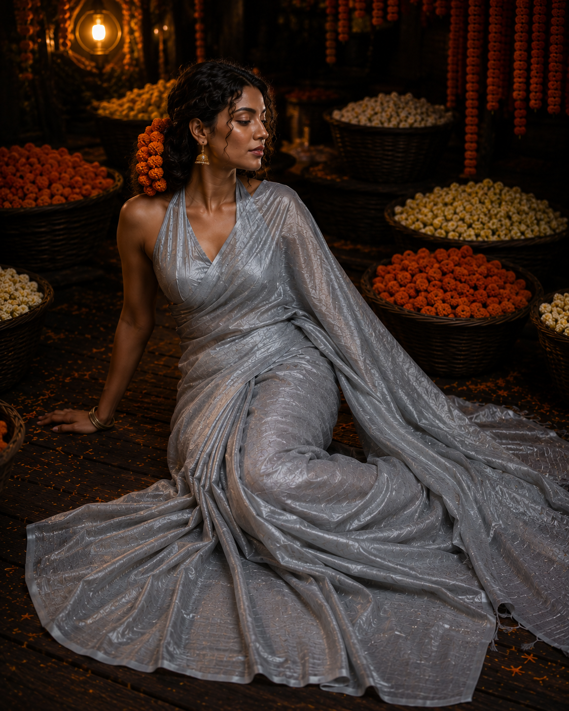 Chaand Chrome – Silver Handloom Tissue Linen Saree with Zari Pallu