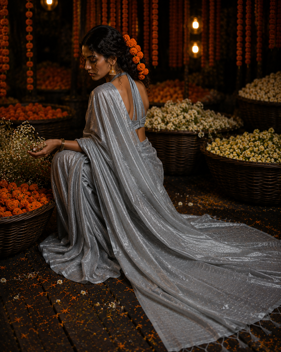 Chaand Chrome – Silver Handloom Tissue Linen Saree with Zari Pallu