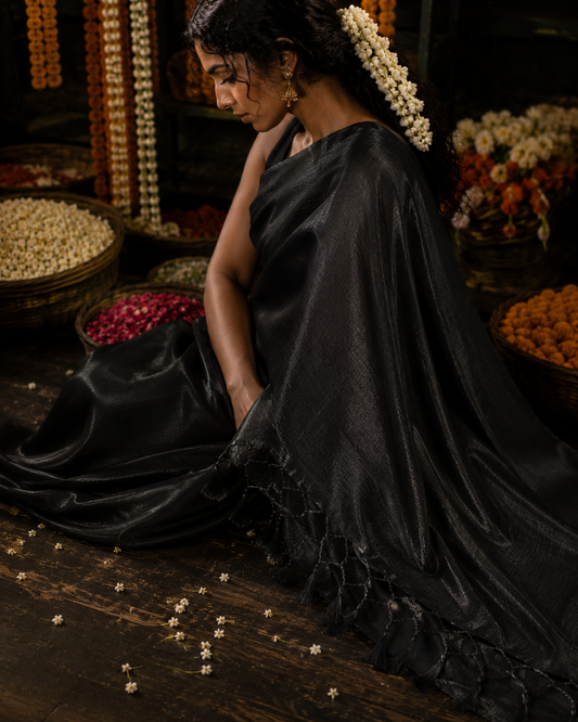Midnight Mehfil – Black Handloom Tissue Linen Saree with Tassels Pallu