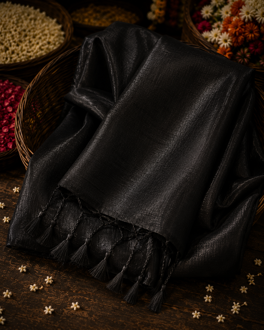 Midnight Mehfil – Black Handloom Tissue Linen Saree with Tassels Pallu
