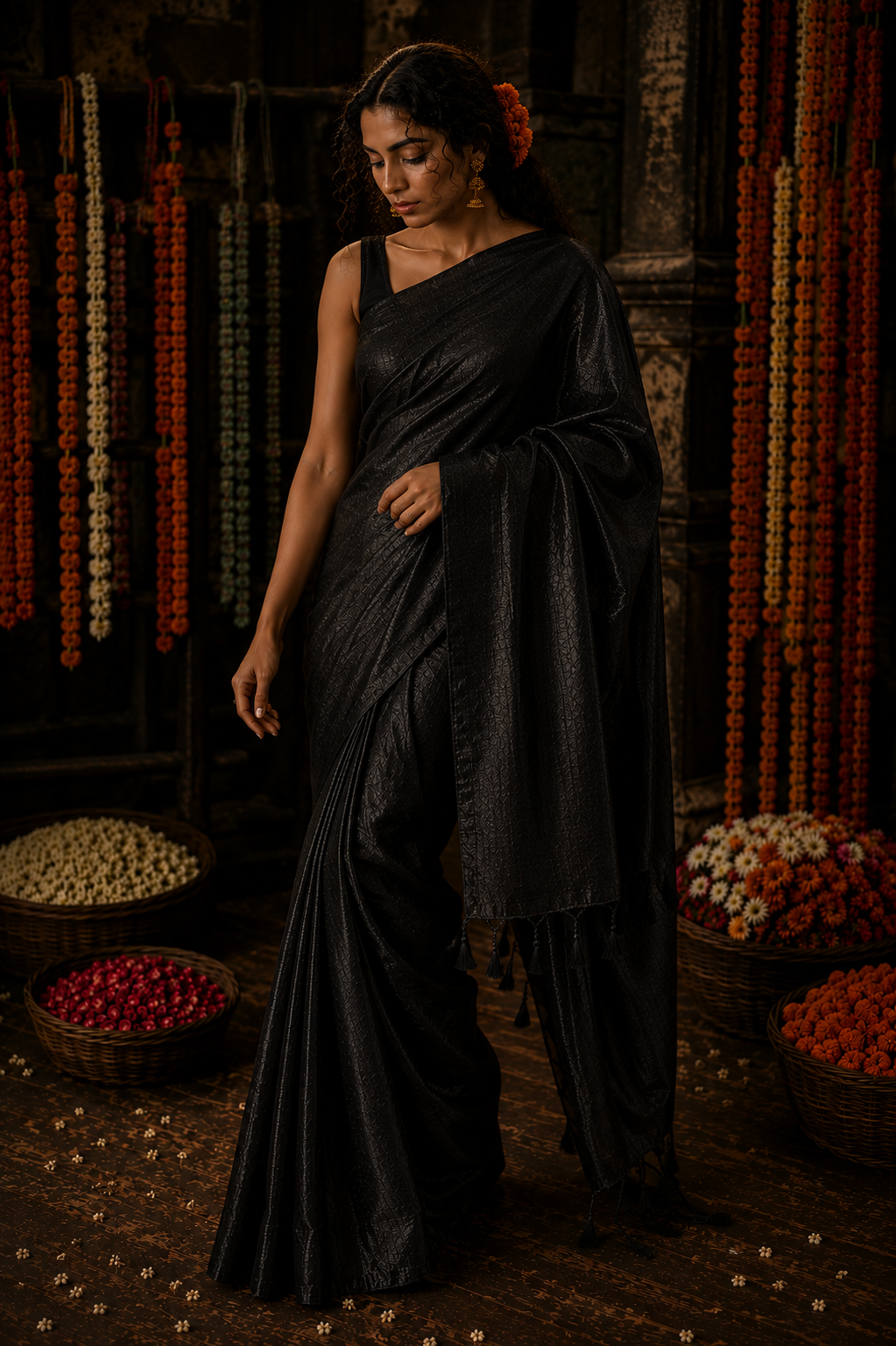 Midnight Mehfil – Black Handloom Tissue Linen Saree with Tassels Pallu