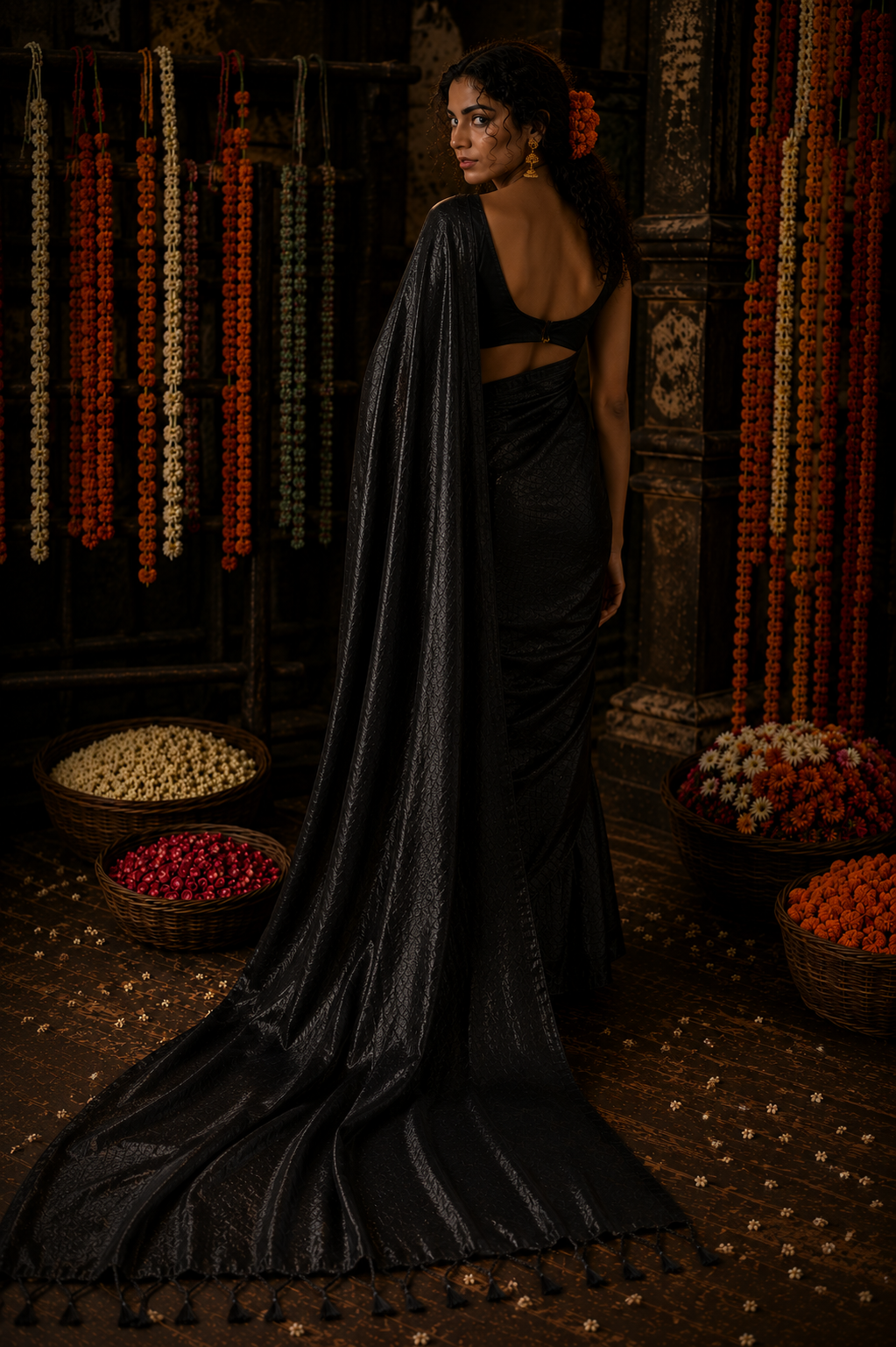 Midnight Mehfil – Black Handloom Tissue Linen Saree with Tassels Pallu