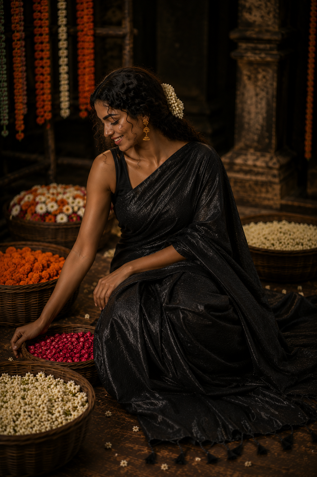 Midnight Mehfil – Black Handloom Tissue Linen Saree with Tassels Pallu