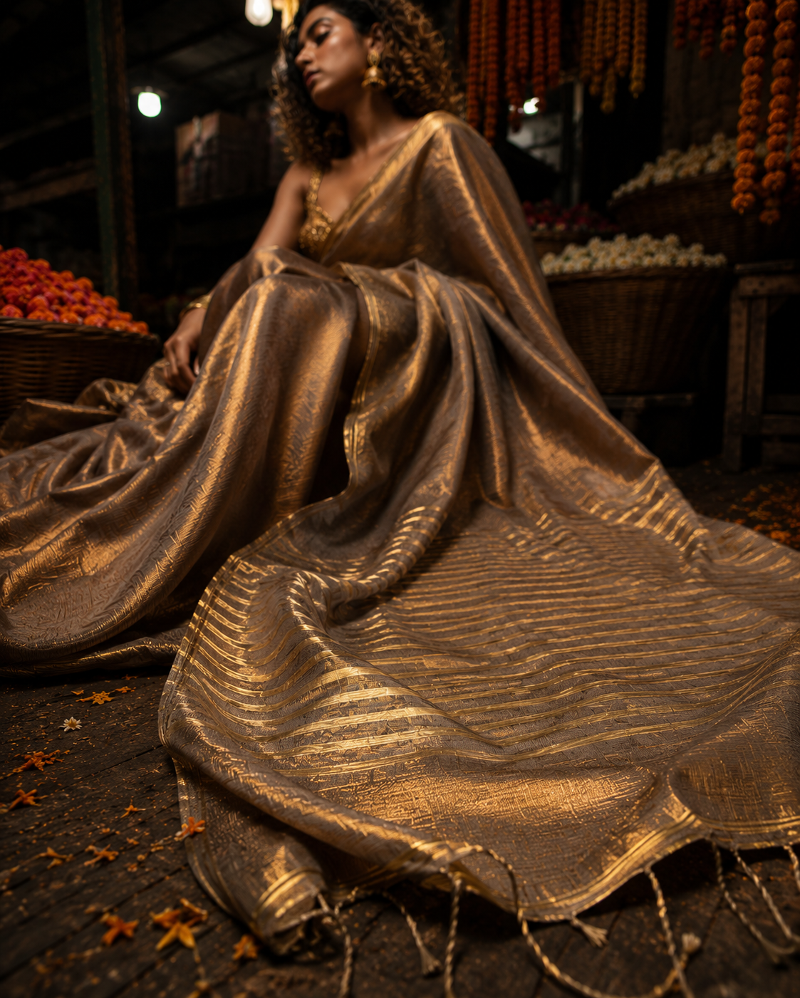 Glitter Bomb – Dual Tone Golden Silver Tissue Linen Saree